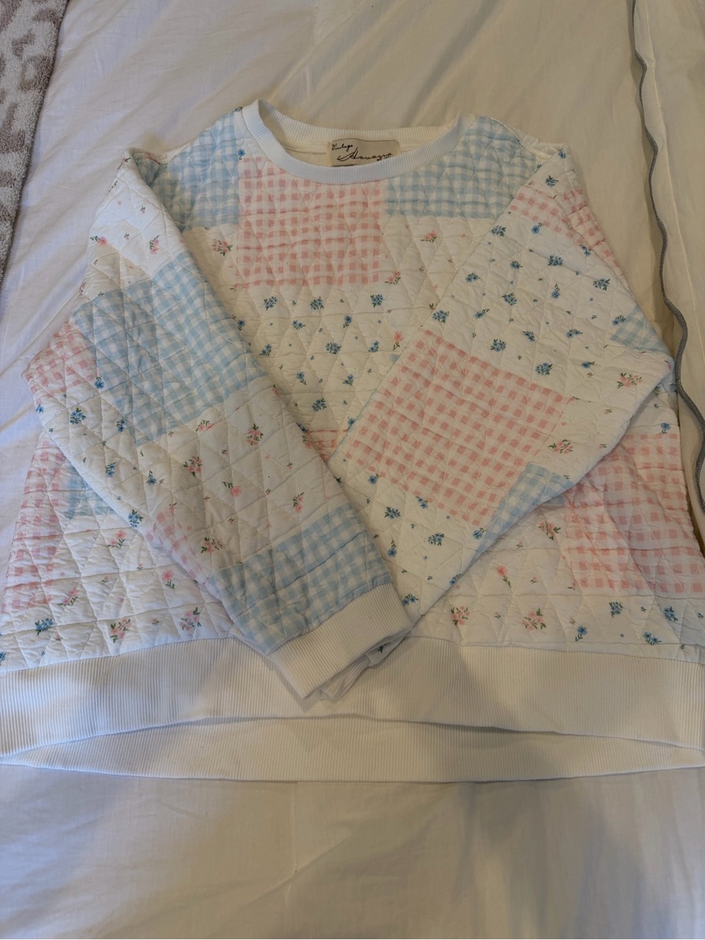 Vintage Quilted Patchwork Sweatshirt - Pastel Pink & Blue